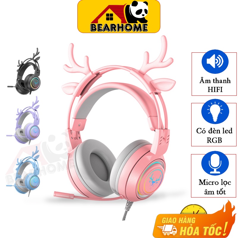 Tai Nghe Chụp Tai Gaming, Học Online BEARHOME Có Micro Lọc Âm, Âm Thanh Đỉnh Cao. Headphone Dùng Cho Máy Tính,Điện Thoại