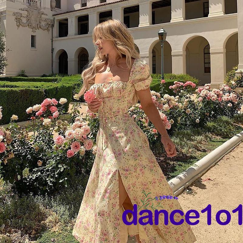 Đầm Dài Xẻ Tà Tay Ngắn Phồng In Họa Tiết Hoa Thời Trang Cho Nữ