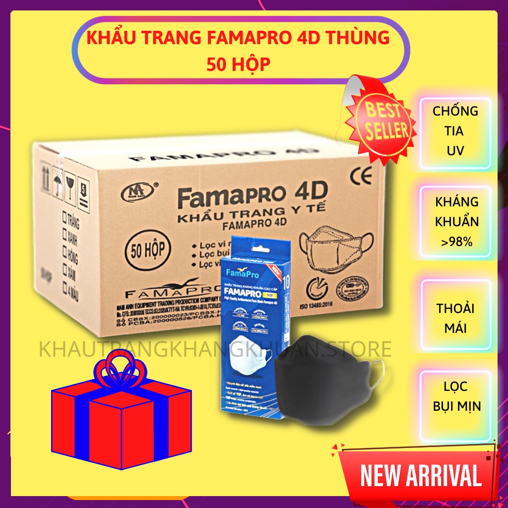 [THÙNG] Khẩu trang con cá, Khẩu trang FAMAPRO 4D, chống giọt bắn, bụi mịn, màu trắng, đen…[50 Hộp | 10 cái/H]