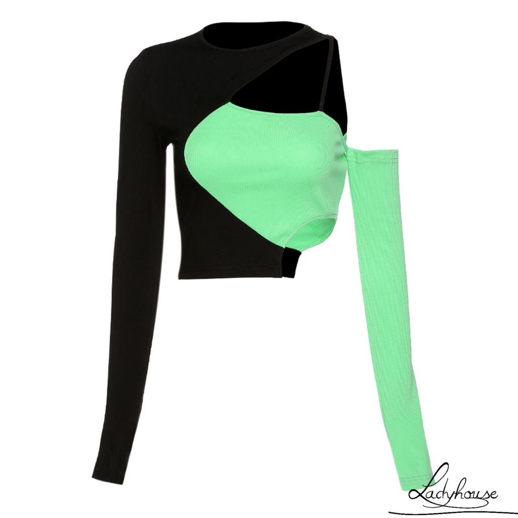 Áo Thun Tay Dài Lệch Vai Màu Sắc Tương Phản Dành Cho Nữ