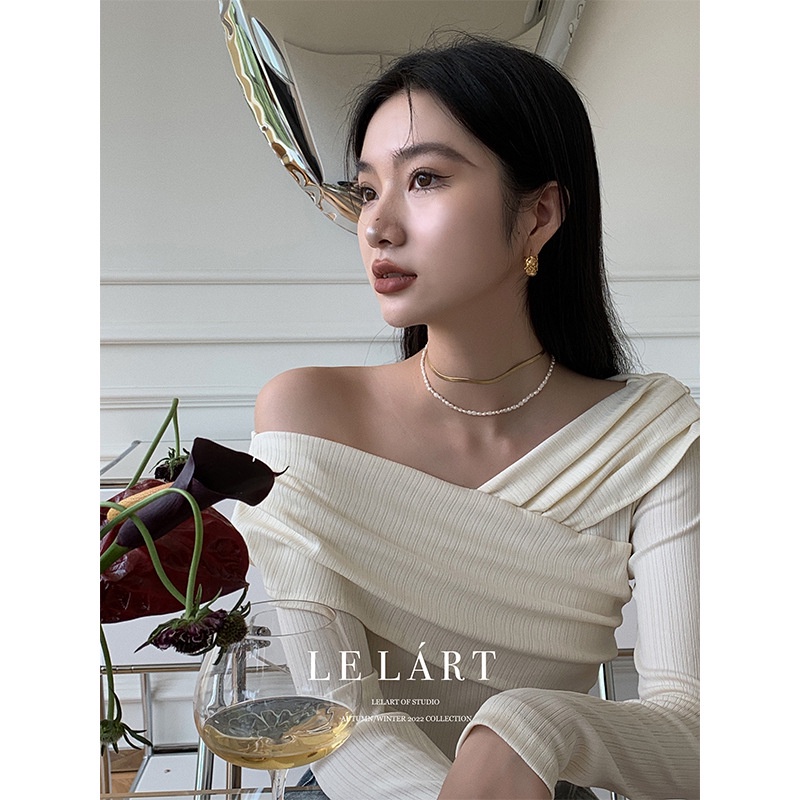 Áo thun DIDIKA tay dài trễ vai xếp ly phong cách Pháp Hàn Quốc thời trang mùa thu 2022