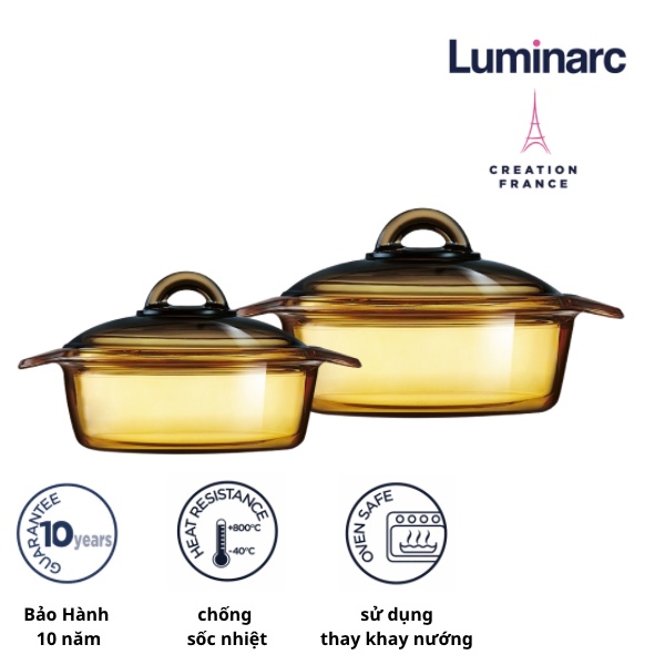 Bộ 2 nồi thuỷ tinh Luminarc Blooming Amberline 1 lít &amp; 2 Lít - LUBL1020