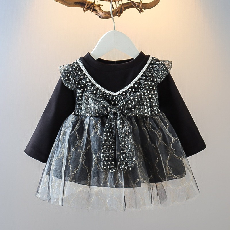 Đầm Công Chúa Giả Hai Lớp Tay Dài Bằng Vải Tuyn Đính Kim Sa Dành Cho Bé Gái 0-3 Tuổi