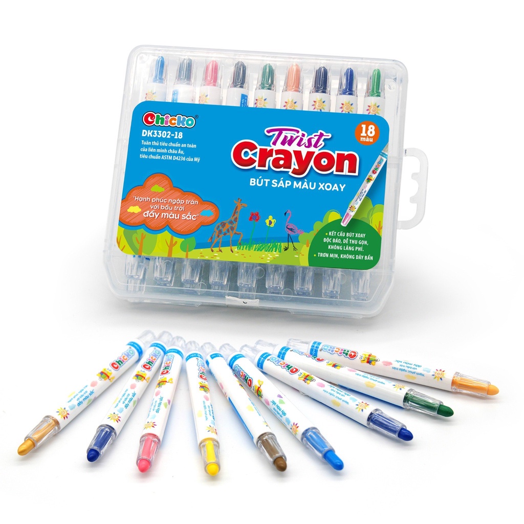 Bút sáp màu Duka : Xoay Twist Crayon 18 màu Hộp Nhựa DK 3302 - 18