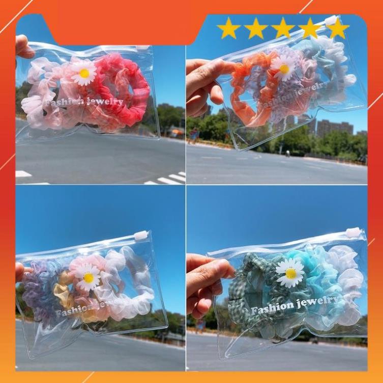 Set 5 Dây Buộc Tóc Scrunchies Túi Zip Hoa Cúc