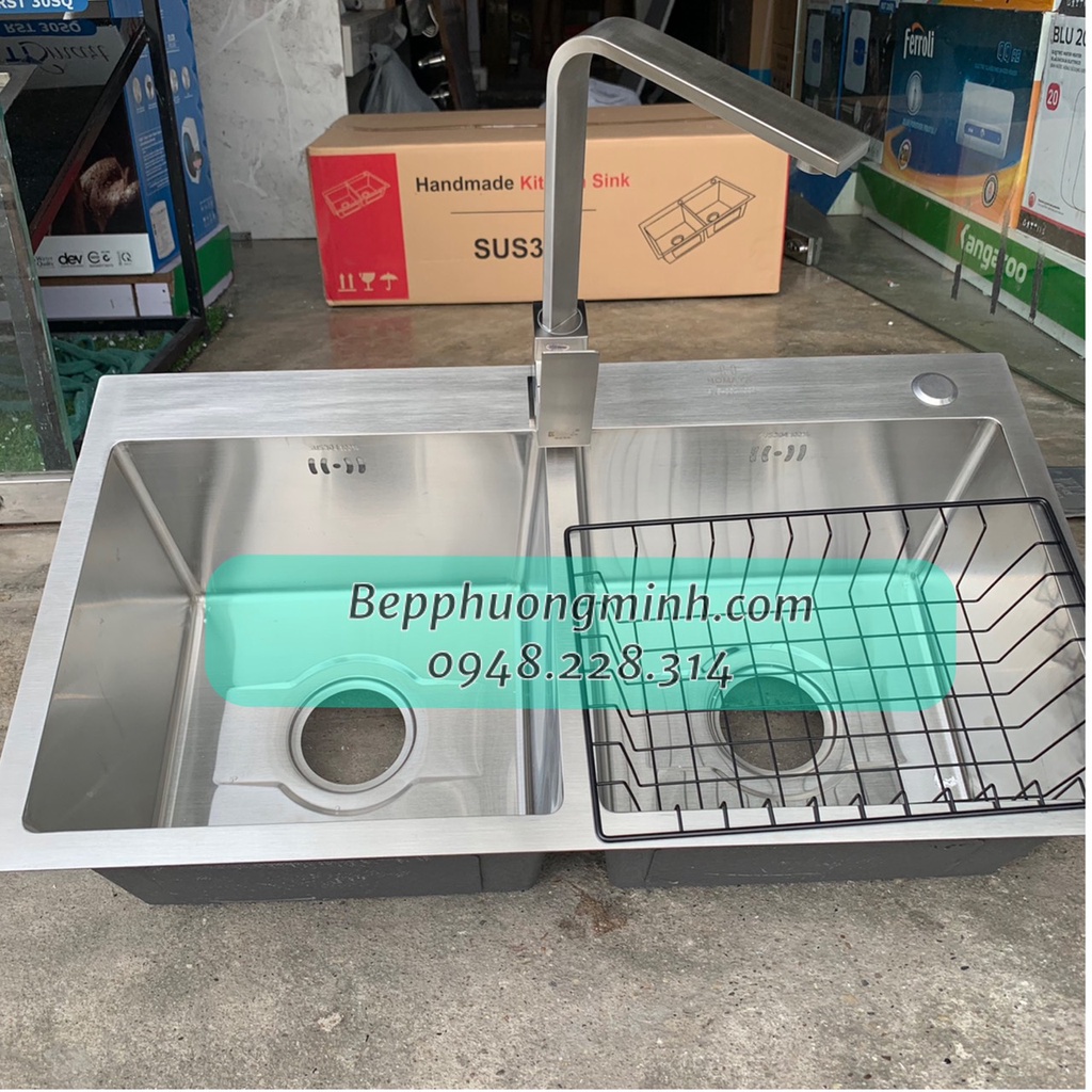 Combo chậu đúc inox KT 78x43, 82x45 và vòi rửa bát nóng lạnh vuông inoxsus304