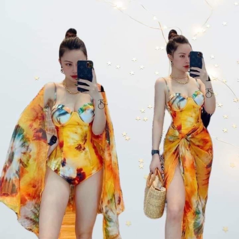 bikini sét 2món liền thân gọng kèm khăn vàng loang
