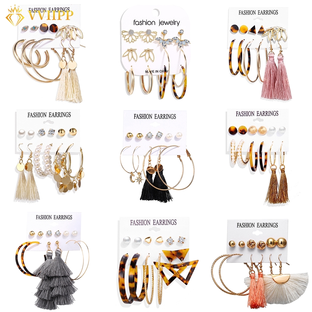 Set 6 cặp bông tai hình tròn tua rua cỡ lớn đính ngọc trai phong cách cổ điển xinh xắn cho nữ