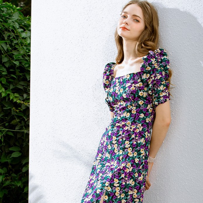 [Kèm Video SP] Váy Nữ Cao Cấp Hoa Nhí Cổ Vuông Tay Bồng Sẻ Đùi Kiểu Dáng Hiện Đại Thời Trang Sugal VAY NU 0026V3