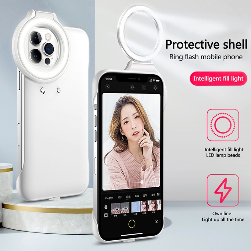 Đối với iPhone 12 Pro Ring Light Đèn flash Vỏ điện thoại LED Đèn pin selfie Vỏ bảo vệ cho iPhone 12 / 12Pro For Net Celebrity Live