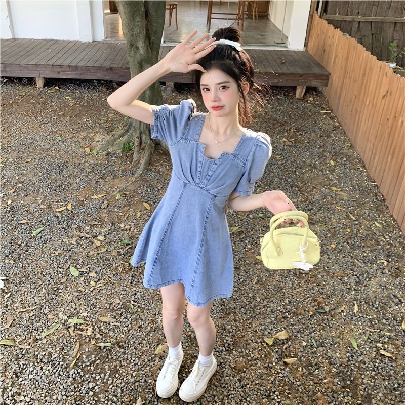 Váy denim tay phồng thiết kế thời trang phong cách Pháp cho nữ