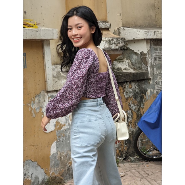 Quần jean nữ cạp cao ống rộng chất đẹp lai xé tự nhiên thời trang GAGO màu xanh jeans GO3785