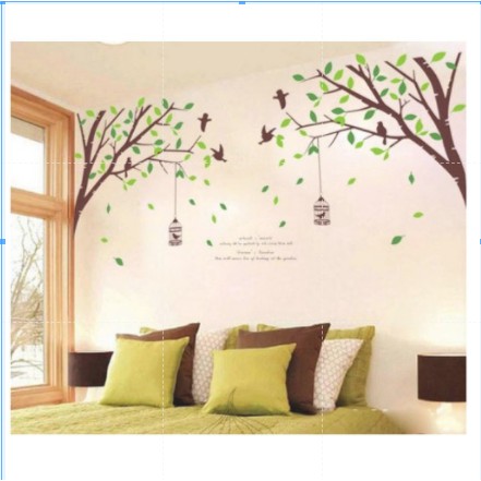 Decal trang trí tường cành cây và lồng chim