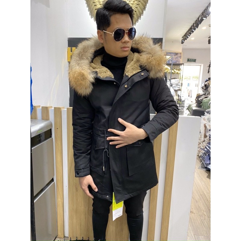 Áo da nam cổ lông dáng dài phong cách
