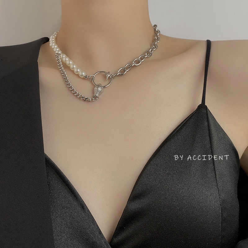 Vòng Cổ Mặt Hình Đầu Rắn / Ngôi Sao Đính Ngọc Trai Phong Cách Hàn Quốc 19A1243