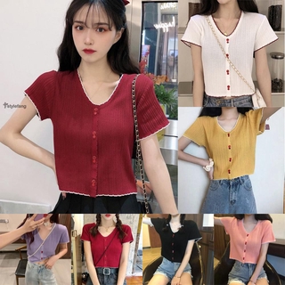 Áo Croptop Tay Ngắn Cổ Chữ V Hoạ Tiết Kẻ Sọc Cho Nữ
