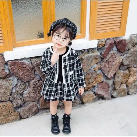 SET VÁY DẠ TEXT KẺ ĐEN TRẮNG CHO BG
