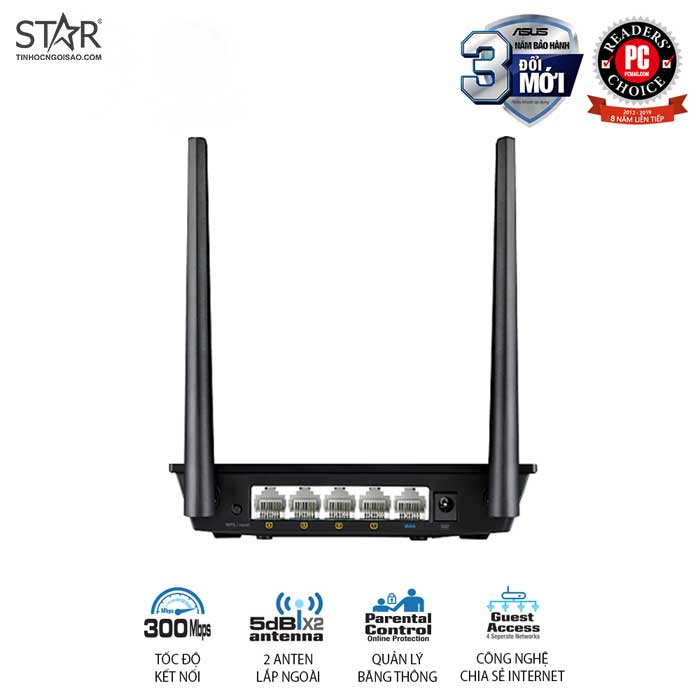 Thiết bị phát Wifi Asus RTN12+B1 Wireless N300Mbps 2 anten Chính Hãng