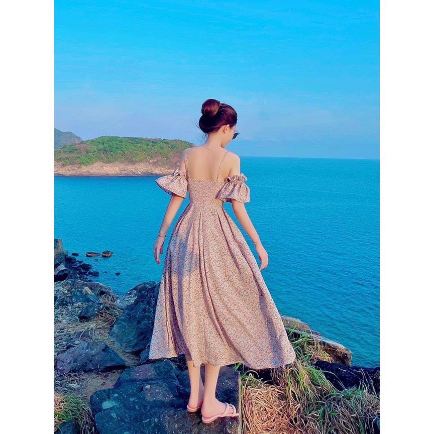 Đầm Hoa Thời Trang Nữ Mặc Đi Biển - Đầm Hoa Nhí Trễ Vai Có Dây Tay Loe- Đầm Hoa Maxi Dáng Dài