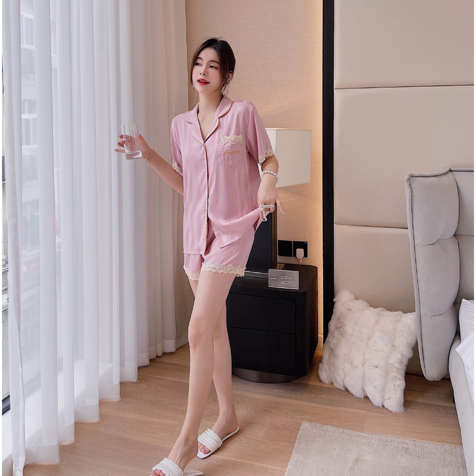 Đồ bộ ngủ Pyjama lụa tơ tay ngắn quần ngắn color paster mix ren