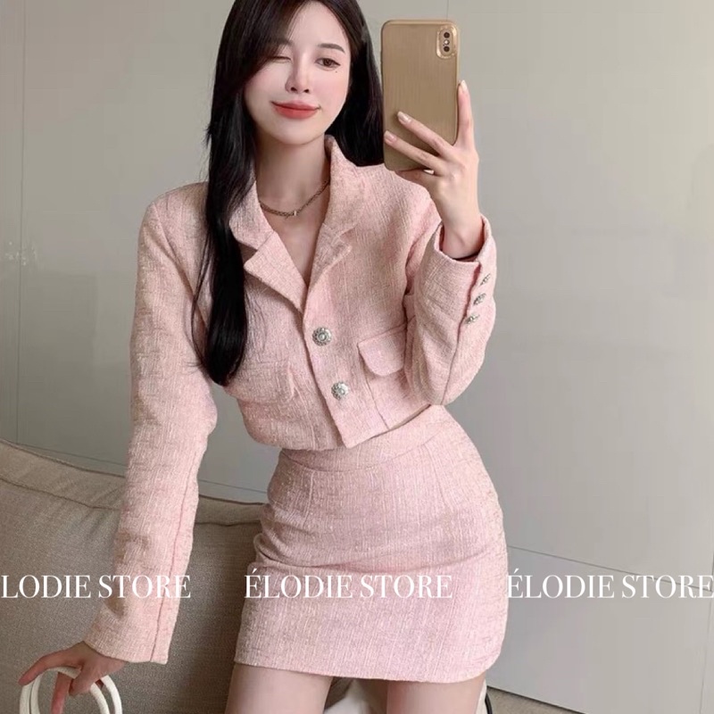 [SẴN] Set áo khoác croptop dạ tweed + chân váy màu hồng phấn cao cấp tiểu thư thanh lịch sang chảnh quý phái Hàn Quốc