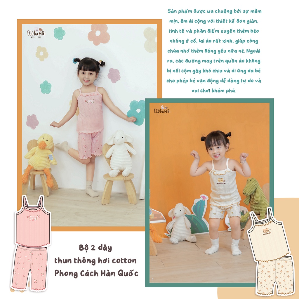 Bộ 2 dây thun thông hơi cotton cao cấp, dáng QUẦN LỬNG phong cách Hàn Quốc in hoa nhí cho bé gái Ecobambi