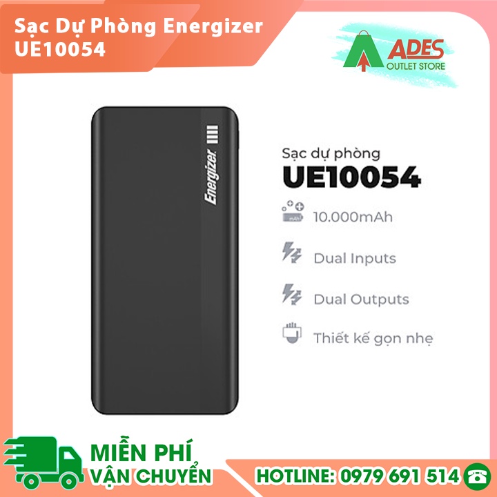 Sạc dự phòng Energizer UE10054 - 10,000mAh /3.7V Li-Polymer - Thiết kế gọn nhẹ, tích hợp 2 cổng inputs và 2 cổng ouputs