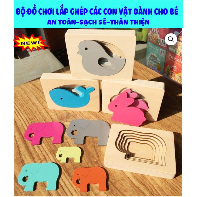 Bộ đồ chơi gỗ lắp ghép hình các con vật lớn dần dành cho bé - Hàng loại 1-Bộ 4 mô hình lắp ghép siêu đáng yêu.