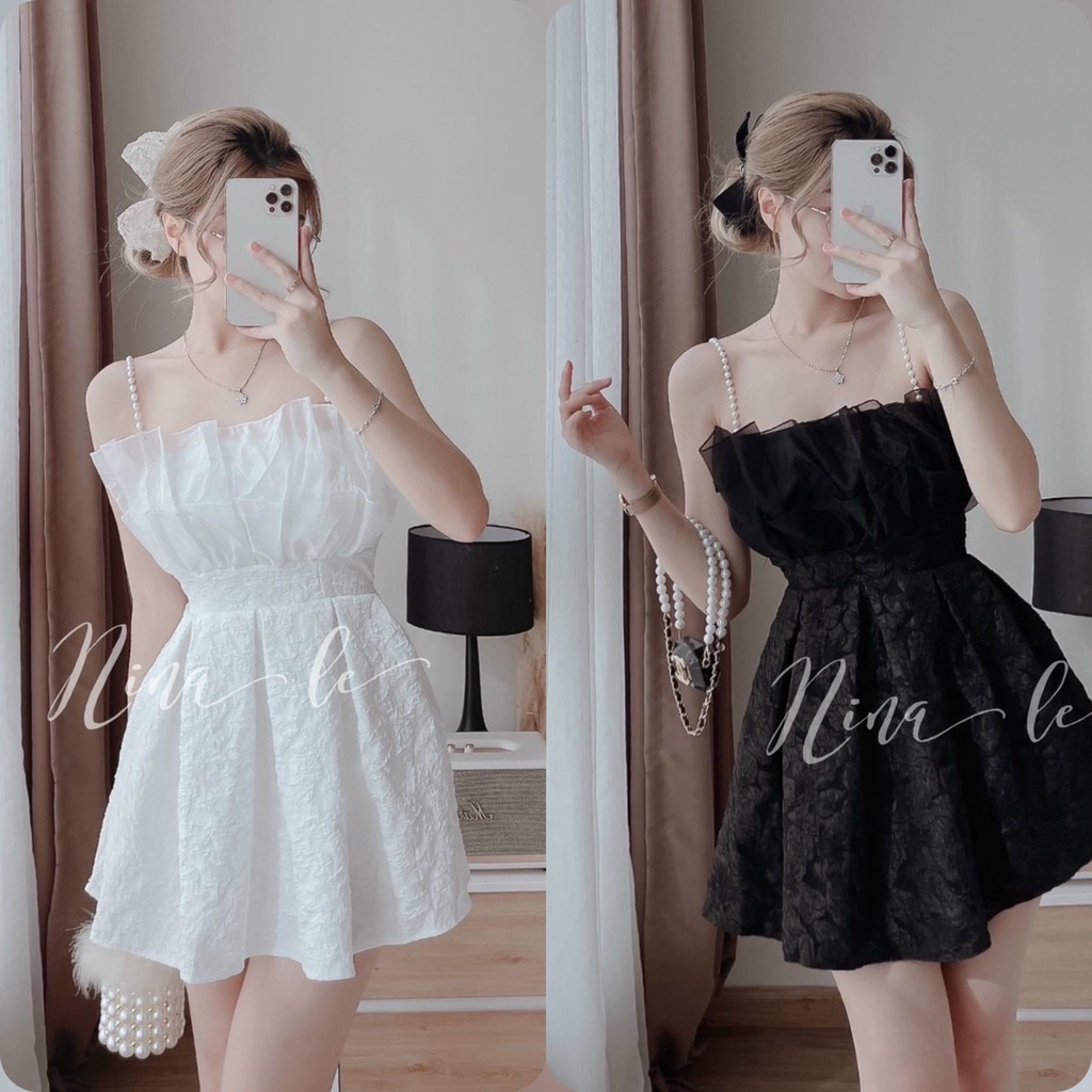 Đầm váy nữ dây cườm họa tiết hở lưng quyến rũ có mút ngực gấm xòe 2 màu giản đơn hot trend DDS53