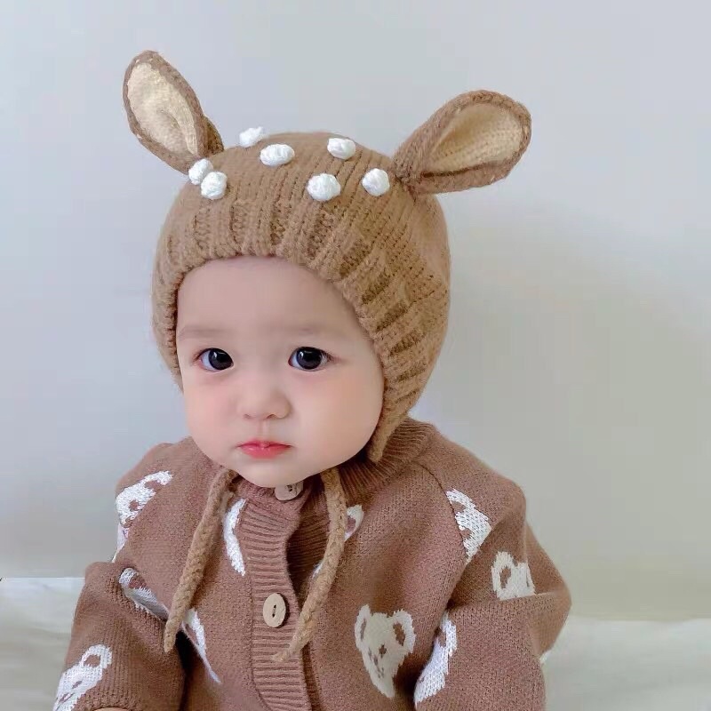 Mũ len hươu cho bé có dây buộc cực xinh 10-36 tháng