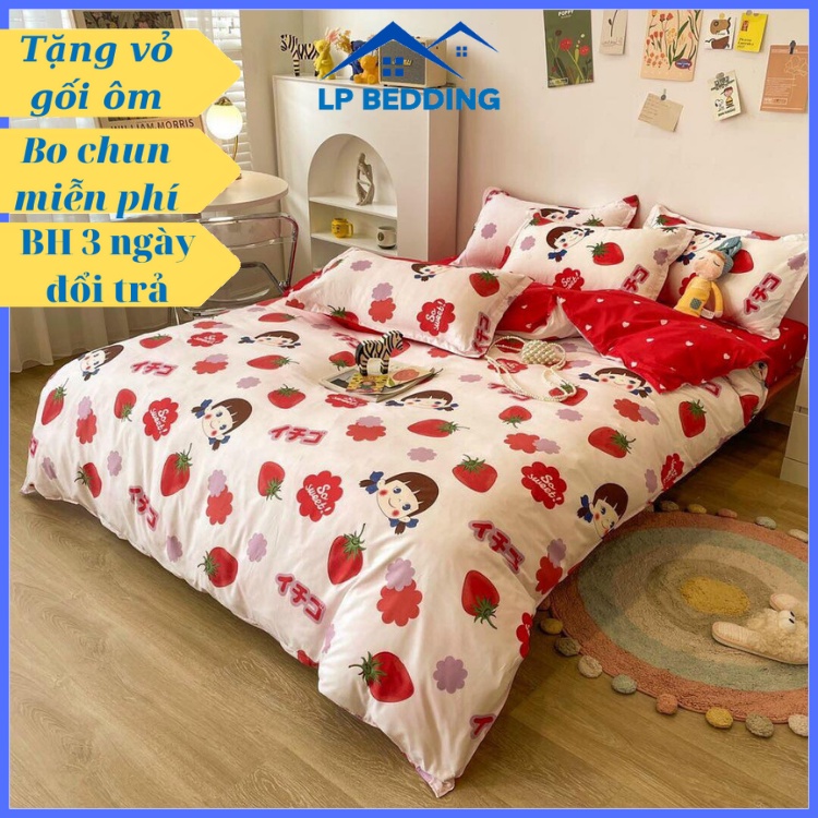 Chăn ga gối Poly cotton Hàn Quốc cao cấp Cô bé dâu tây đỏ - Poly nhập khẩu
