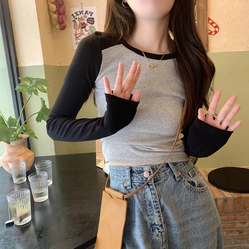 Áo Thun Dài Tay Ôm Dáng Màu Sắc Tương Phản Thời Trang Mùa Thu Cho Nữ