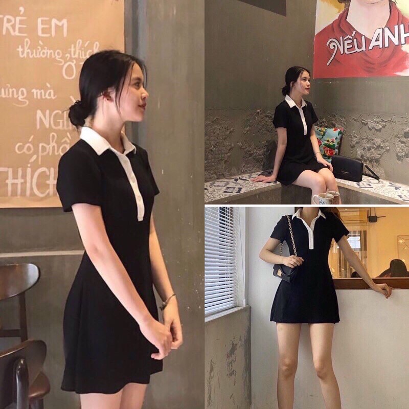 [Rẻ Vô Địch] Đầm Ngắn Polo Đen Viền Cổ Trắng