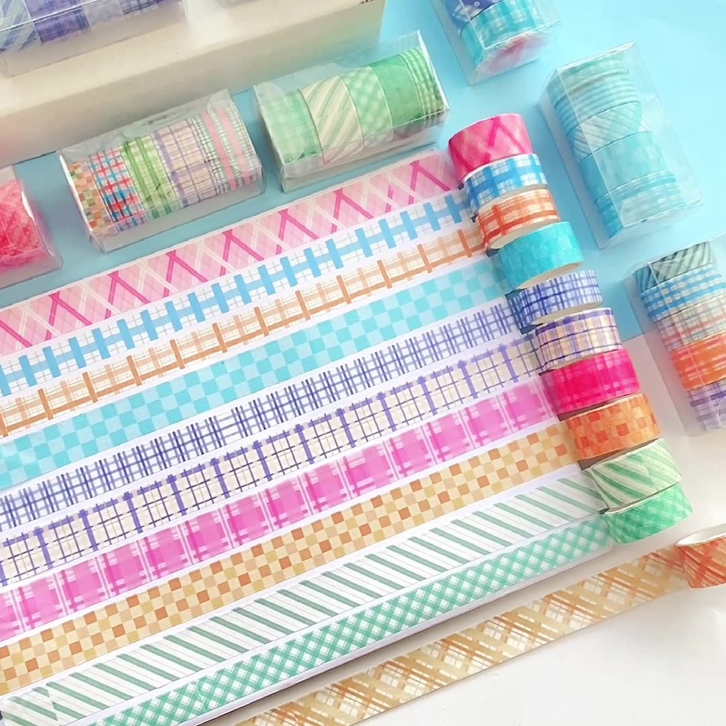 Bộ 5 cuộn washi grid màu pastel dễ thương băng keo dùng trang trí sổ tay | BSW127