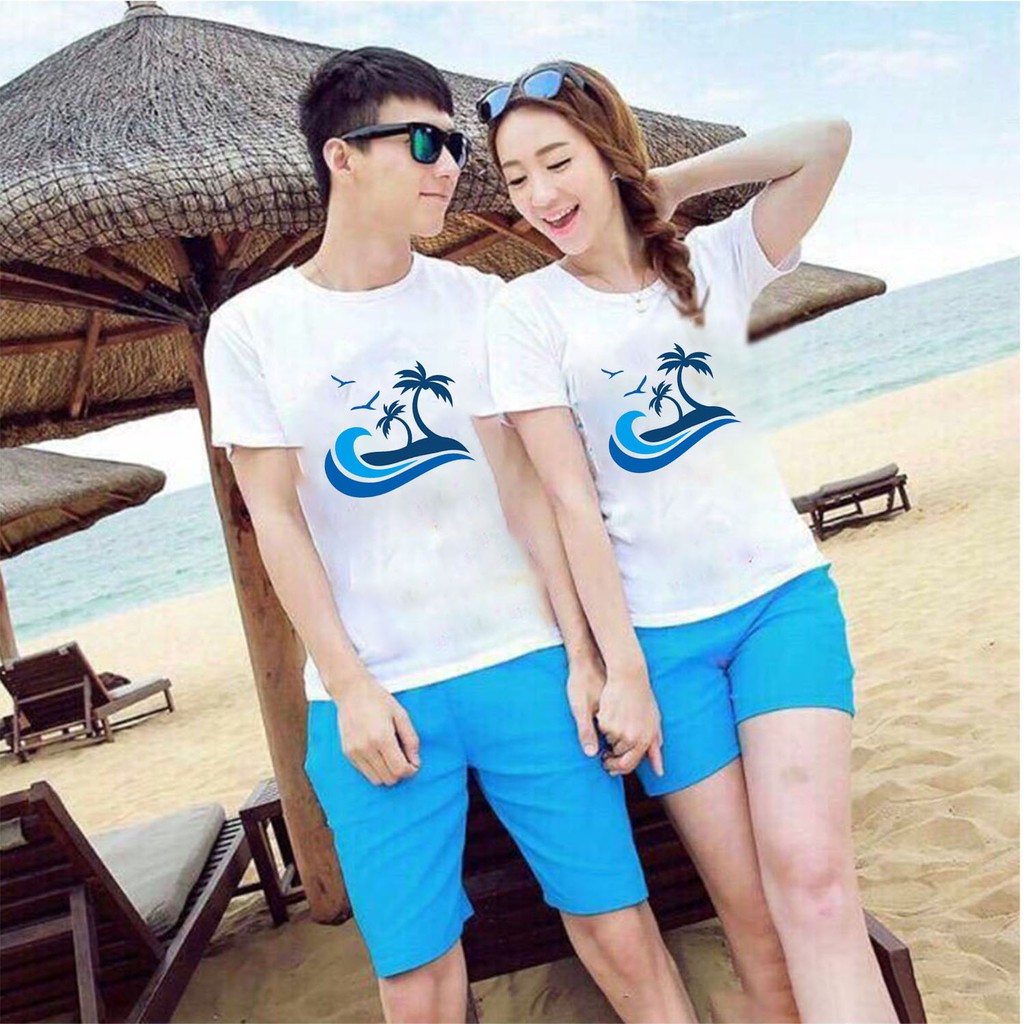 Đồ đôi đi biển xinh xắn chất vải đẹp, áo in họa tiết sắc nét thời trang, giá nguyên bộ luôn quần và áo