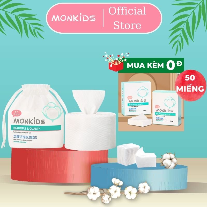 Khăn lau mặt dùng 1 lần MONKIDS khăn mặt khô cotton mềm cuộn 260 gam lau khô, lau ướt