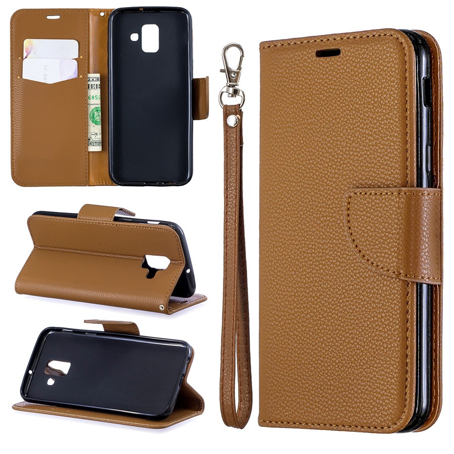Bao da điện thoại màu trơn thanh lịch có ngăn đựng thẻ + dây đeo cho Samsung Galaxy A6/6+ 2018 | BigBuy360 - bigbuy360.vn