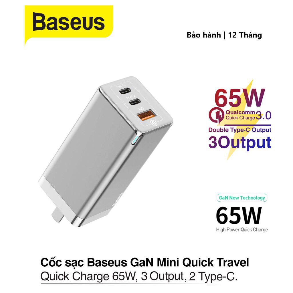 Cốc sạc nhanh Baseus 65W chip GaN QC3.0 3 cổng ra trong đó 2 cổng type-C