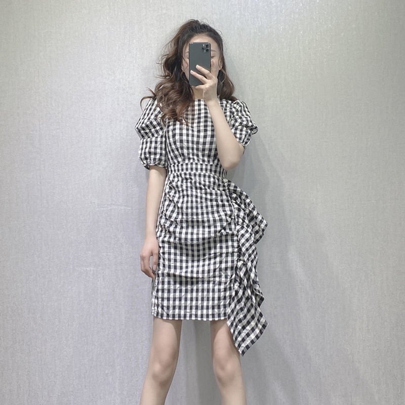 Đầm tay phồng ngắn họa tiết sọc caro phong cách Châu Âu thời trang mùa hè dành cho bạn nữ 2021