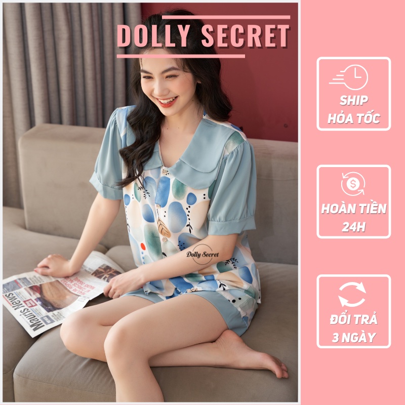 Bộ đồ Pijama lụa mango cộc tay bồng quần đùi mặc ở nhà cao cấp cổ 2 lá phong cách Hàn Quốc đáng yêu DOLLY SECRET CC02