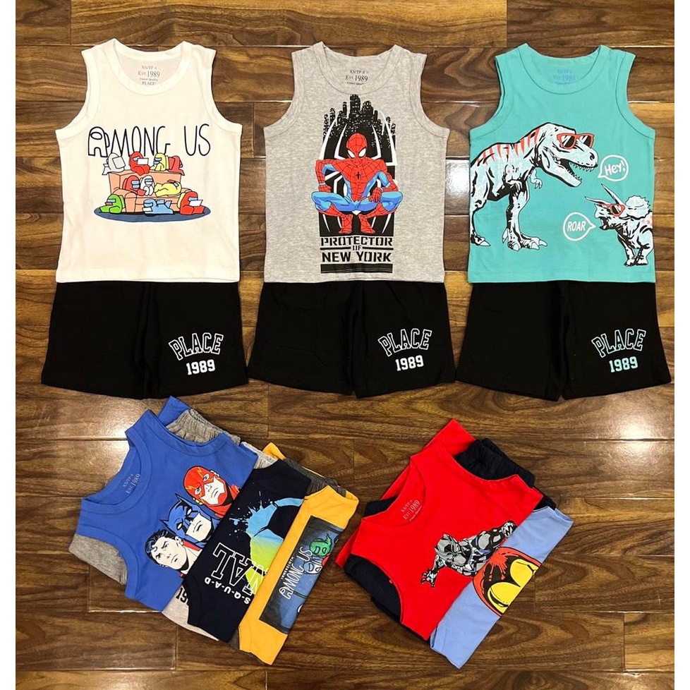 Bộ Bé Trai sát nách ba lỗ 17-45kg xuất dư xịn PA.LACE cotton in hình siêu nhân size đại