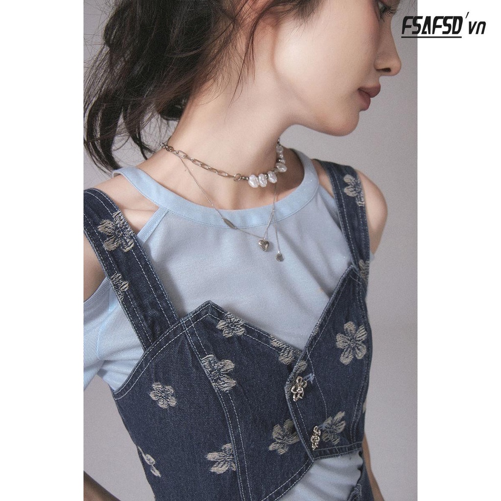 Set Đầm Denim Hai Dây Màu Sắc Trơn Phong Cách Nhật Bản Thời Trang Mùa Hè