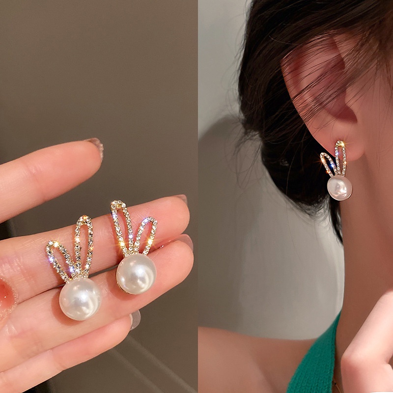 Đôi bông tai mạ bạc 925 hình thỏ đính ngọc trai giả kiểu hàn quốc