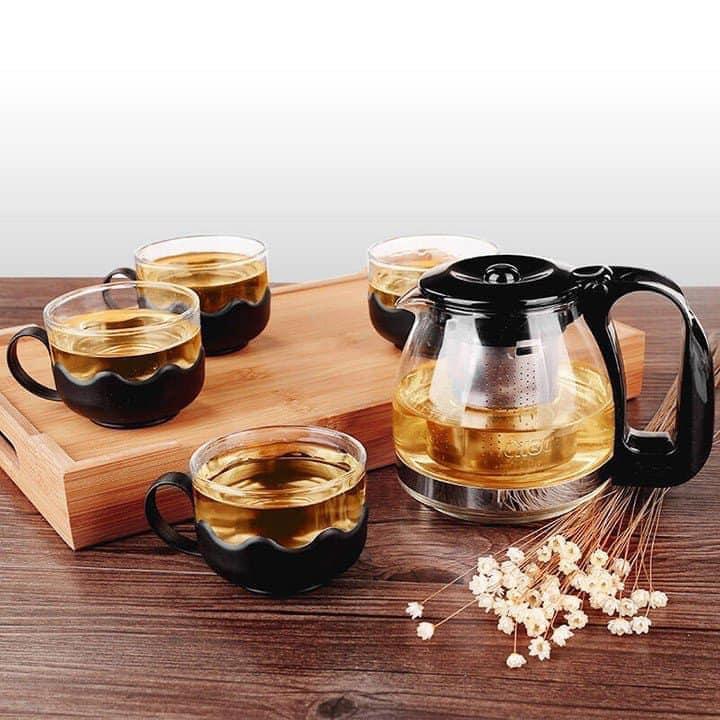 Bộ ấm trà thủy tinh kèm 4 chén có lõi lọc lưới inox dùng để pha trà cafe và ngâm rượu hoa quả