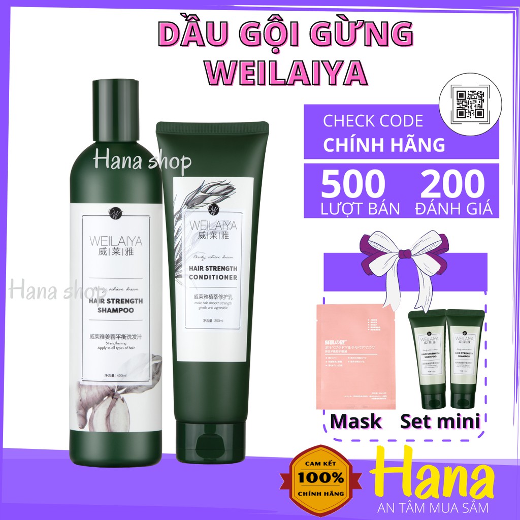 [Tặng bông tẩy trang Miniso 1000 miếng] Bộ dầu gội đầu gừng WEILAIYA ngăn rụng, kích mọc tóc chính hãng check code
