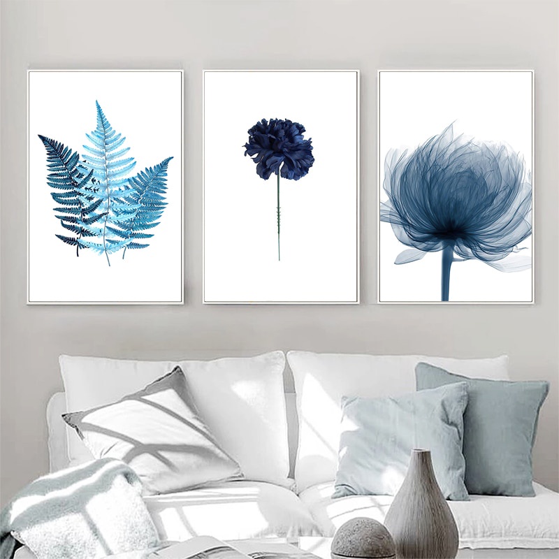 Tranh canvas treo tường hình hoa lá xanh dương / botanical phong cách Bắc Âu tối giản