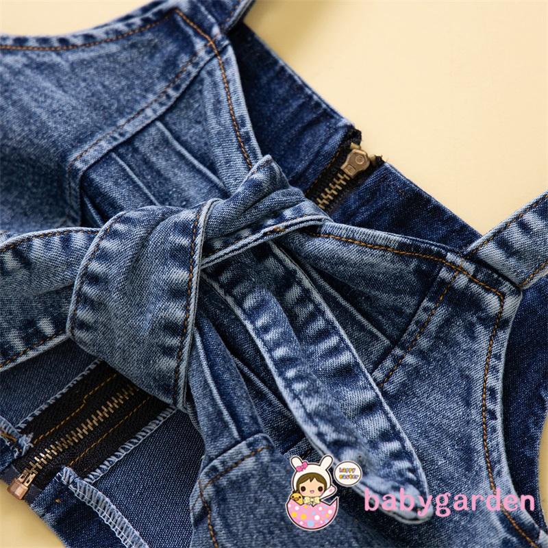 Bộ Áo Croptop Hai Dây Màu Trơn + Quần Short Denim Phối Dây Kéo Thời Trang Mùa Hè Cho Bé Gái 1-6 Tuổi