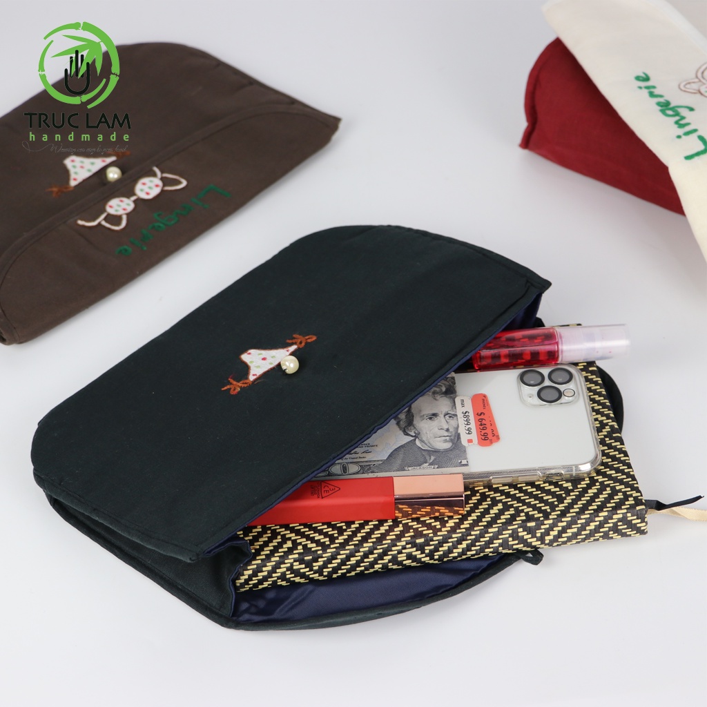 Ví Cầm Tay Nữ Túi Mỹ Phẩm Du Lịch Nắp Gập Họa Tiết Thêu Bikini Trúc Lâm Handmade
