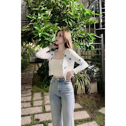 Sét áo 2 dây+áo cadigan len đính hoa hàng QC