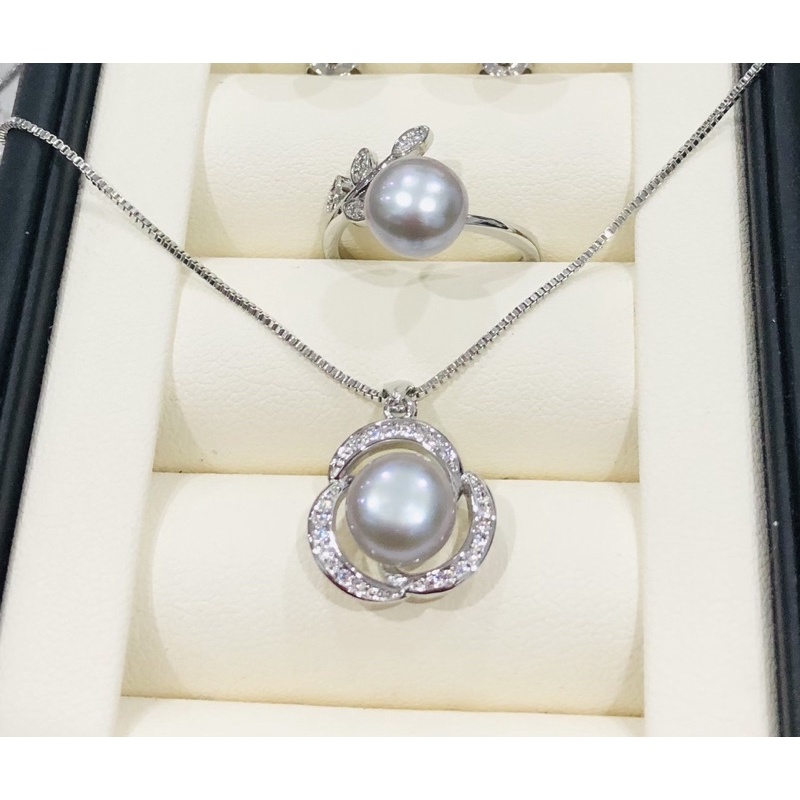 Bộ trang sức bạc S925 ngọc trai nhân tạo màu xám 9 ly